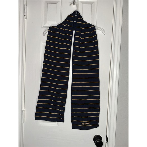 Tommy Hilfiger Scarf Blue Gold Striped Mens Scarf Embroidered Wool Winter Scarf - Picture 1 of 6
